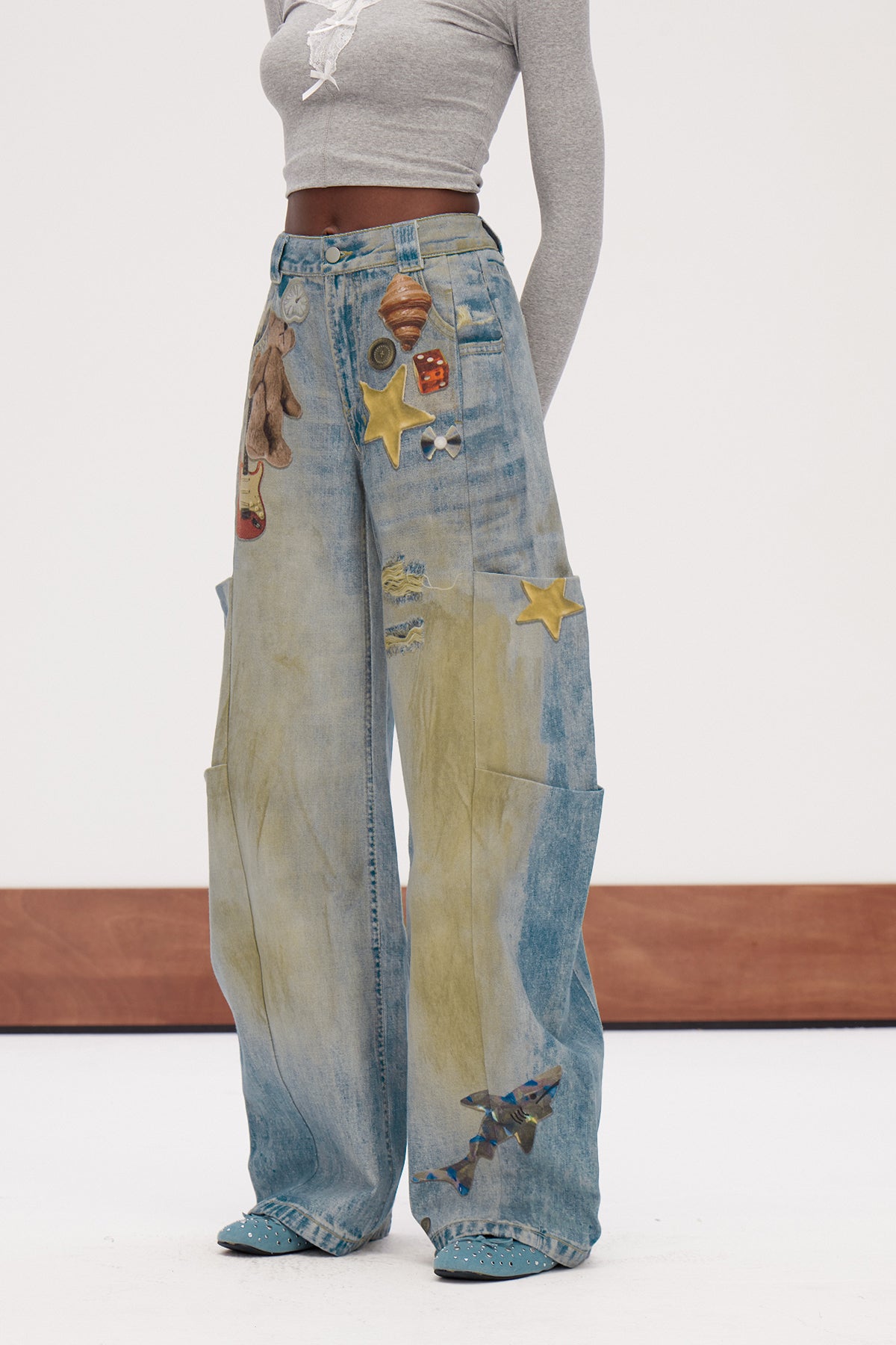 Galenos Ağartma Desenli Baggy Jean