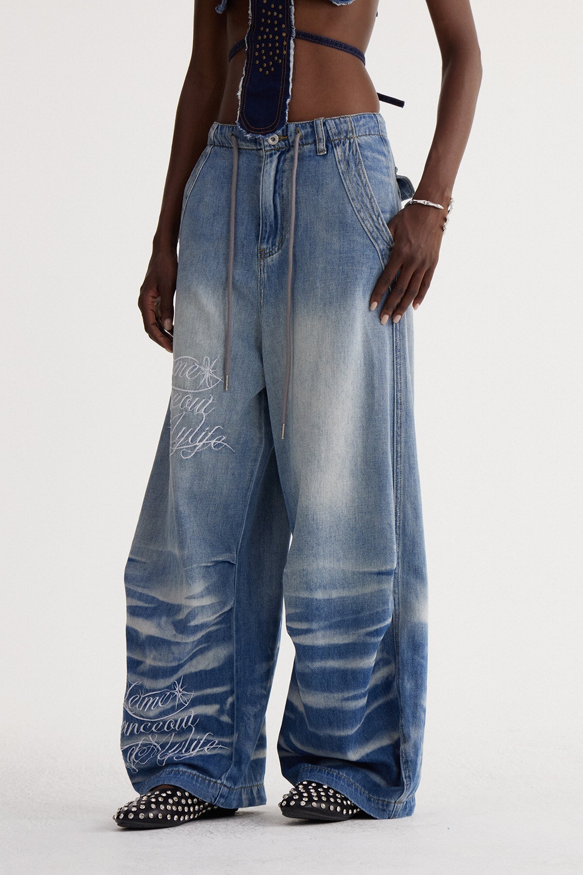 Isao Nakışlı Ağartılmış Baggy Jean Pantolon