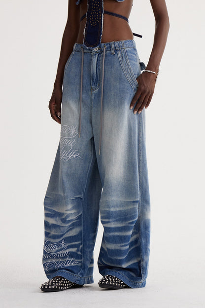 Isao Nakışlı Ağartılmış Baggy Jean Pantolon