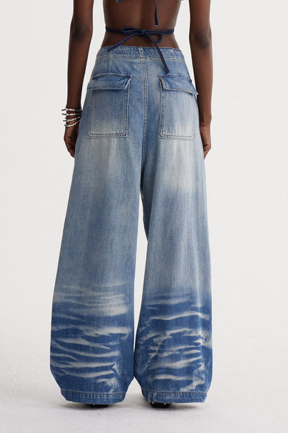 Isao Nakışlı Ağartılmış Baggy Jean Pantolon
