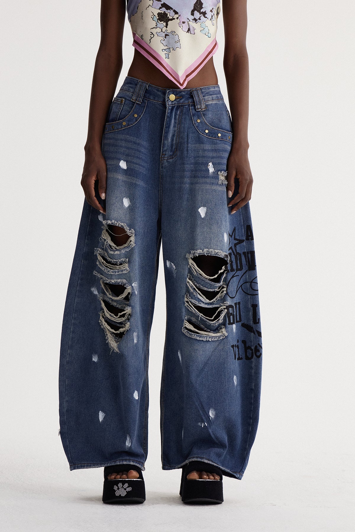 Isay Yırtık Baskılı Baggy Jean Pantolon
