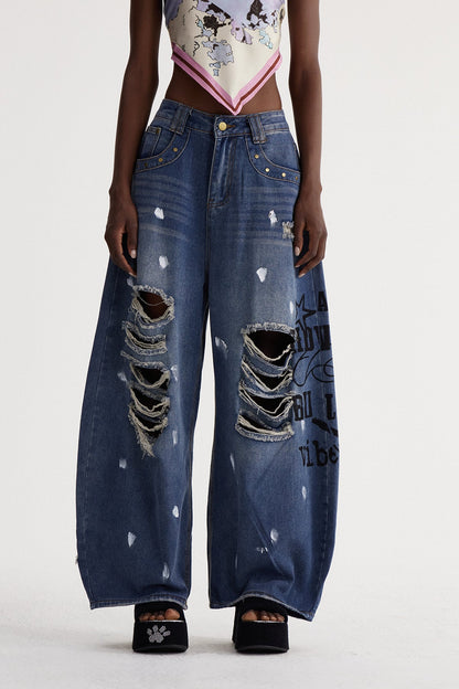 Isay Yırtık Baskılı Baggy Jean Pantolon
