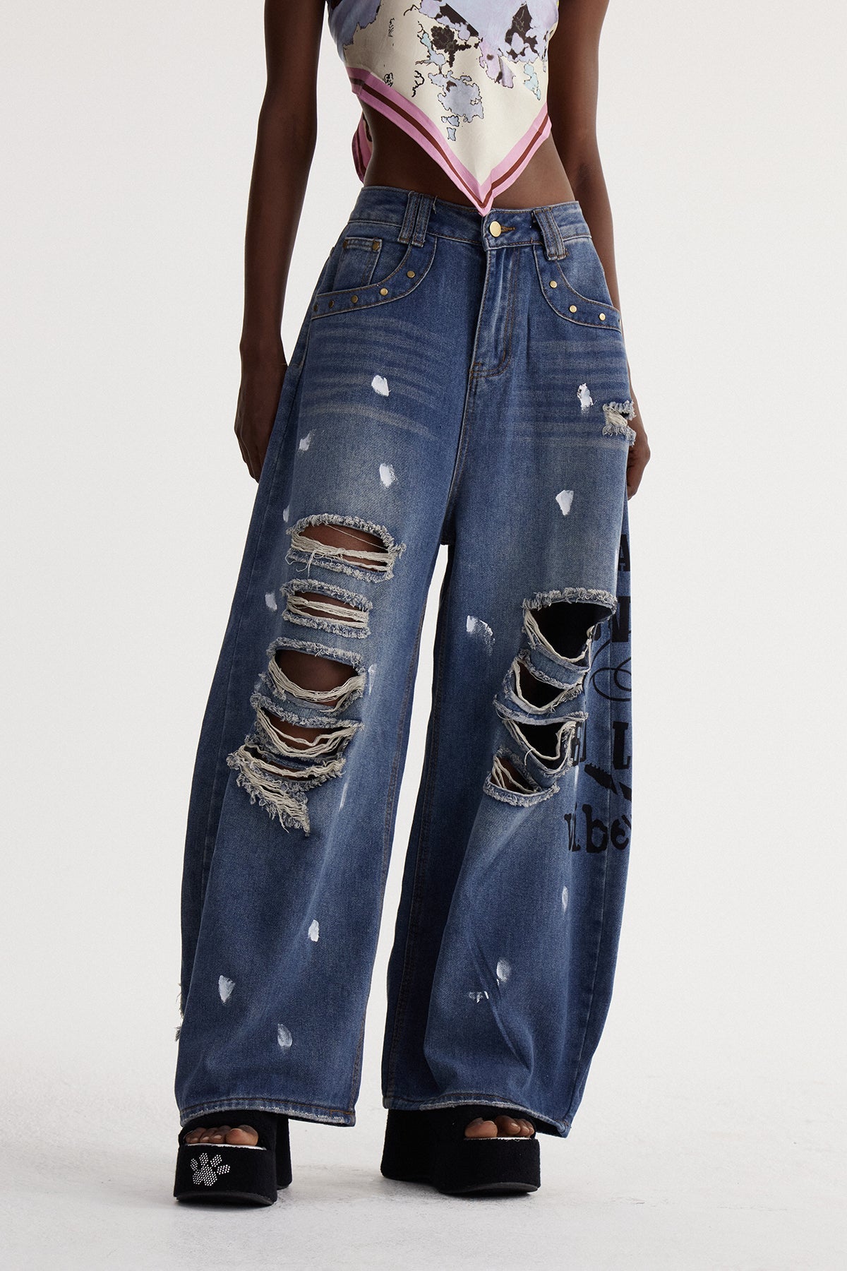 Isay Yırtık Baskılı Baggy Jean Pantolon