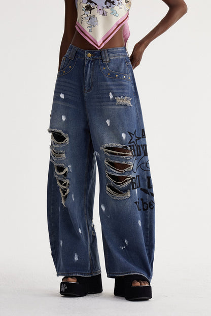 Isay Yırtık Baskılı Baggy Jean Pantolon