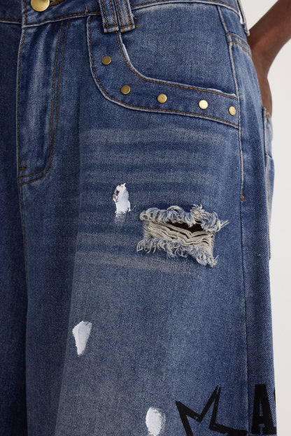 Isay Yırtık Baskılı Baggy Jean Pantolon