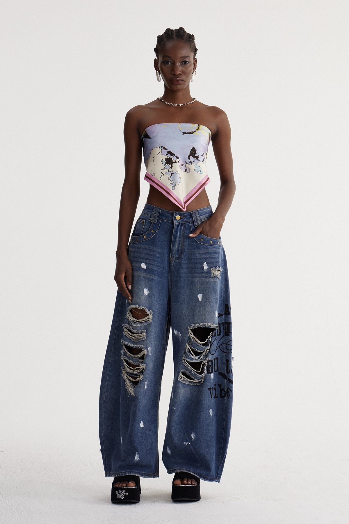 Isay Yırtık Baskılı Baggy Jean Pantolon