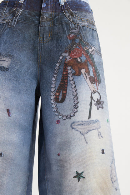 Ishkur Ağartılmış Baskılı Kapri Jean Pantolon