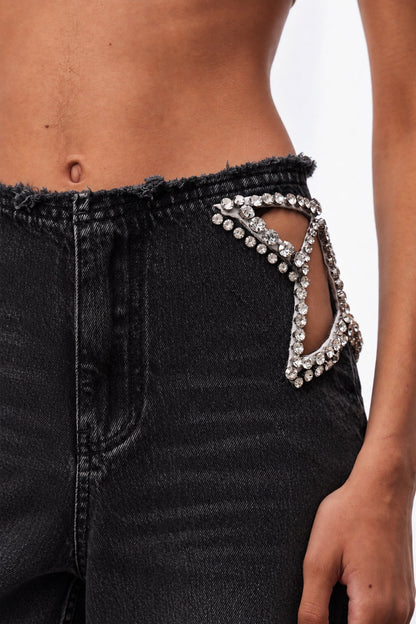 Izdihar Kristal Kelebek Detaylı Siyah Jean Pantolon