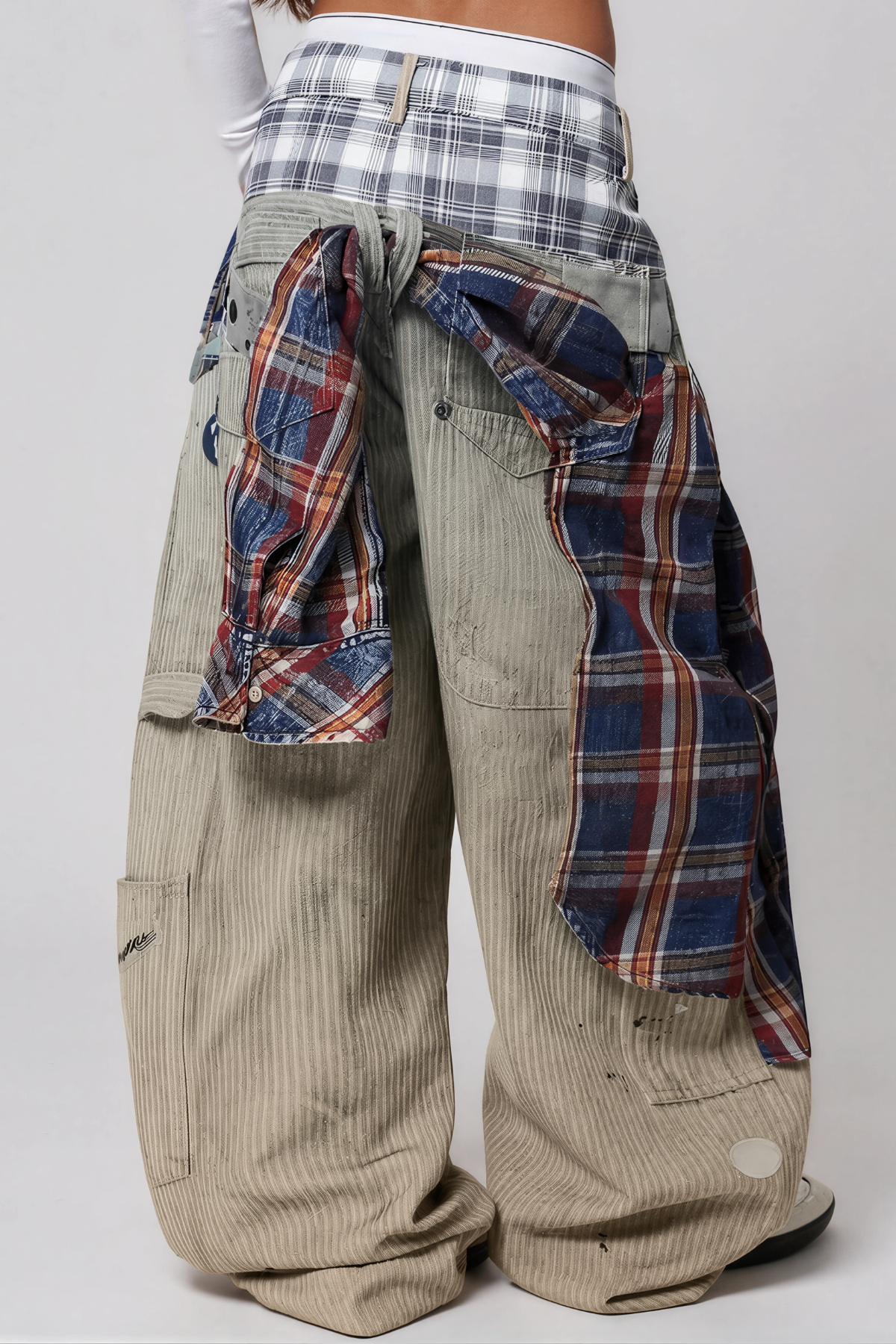 Karlaye Grid Desenli Dekonstrükt Baggy Jean Pantolon