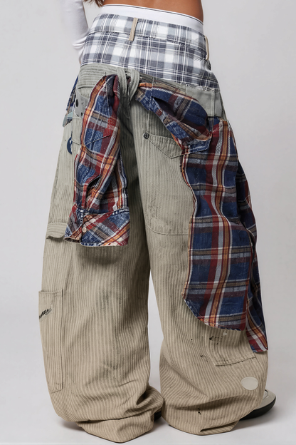 Karlaye Grid Desenli Dekonstrükt Baggy Jean Pantolon