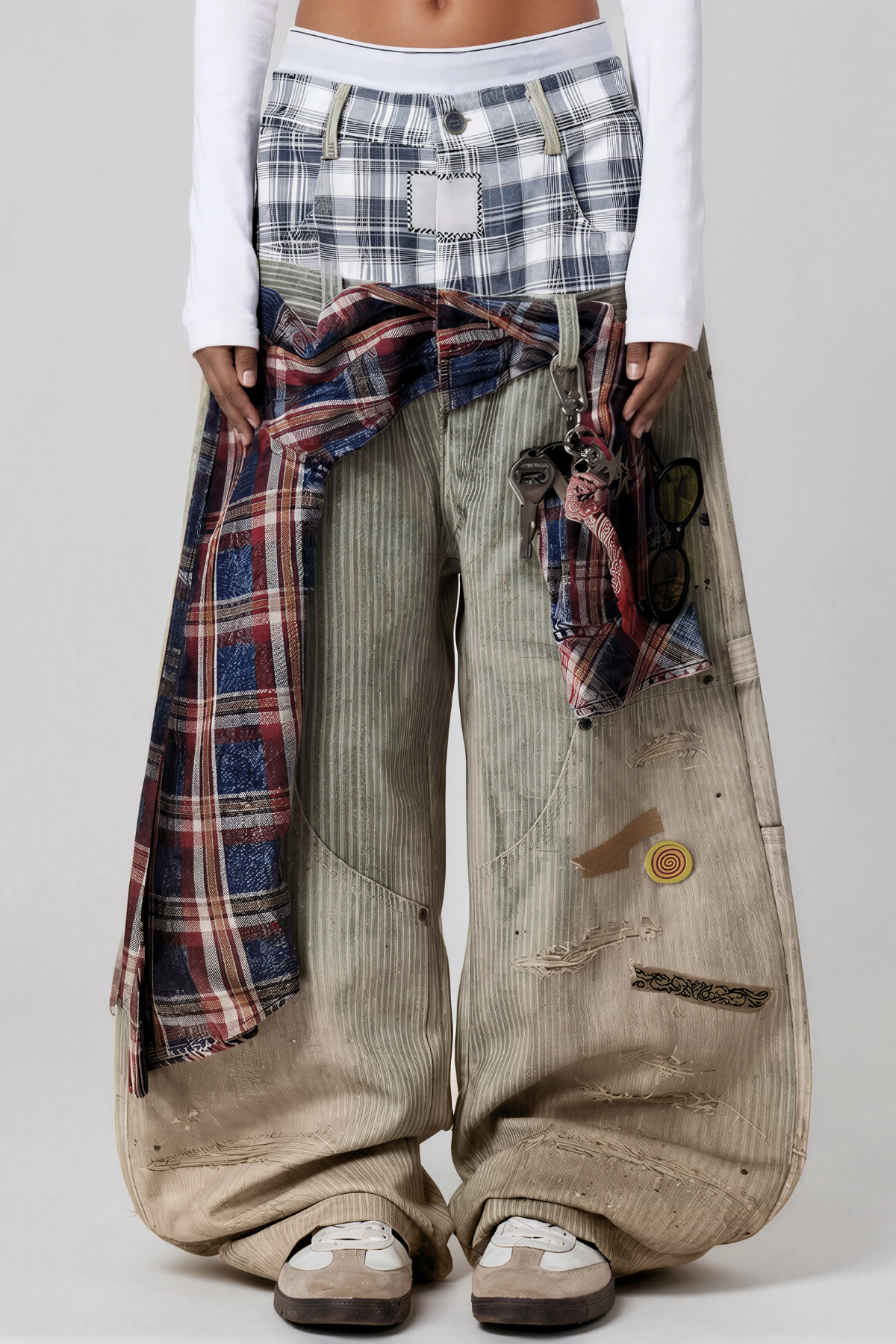 Karlaye Grid Desenli Dekonstrükt Baggy Jean Pantolon