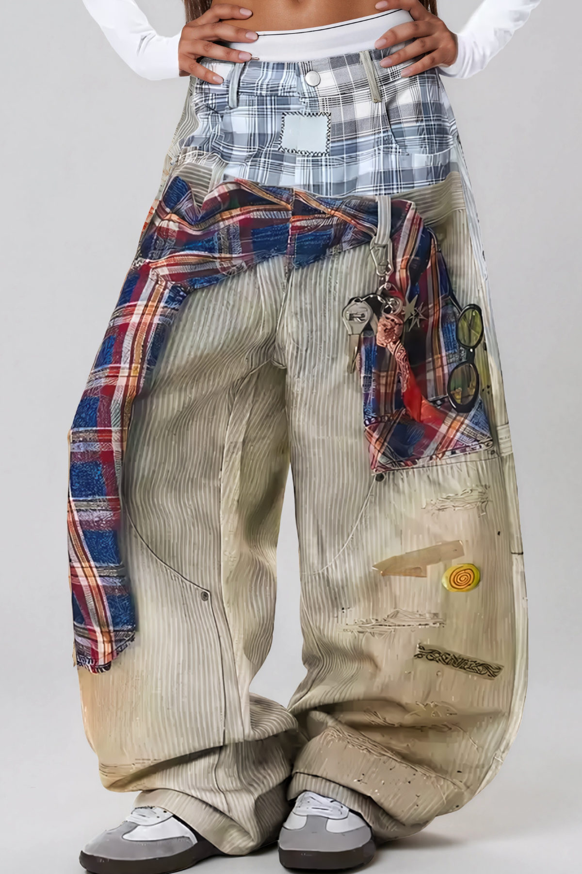 Karlaye Grid Desenli Dekonstrükt Baggy Jean Pantolon