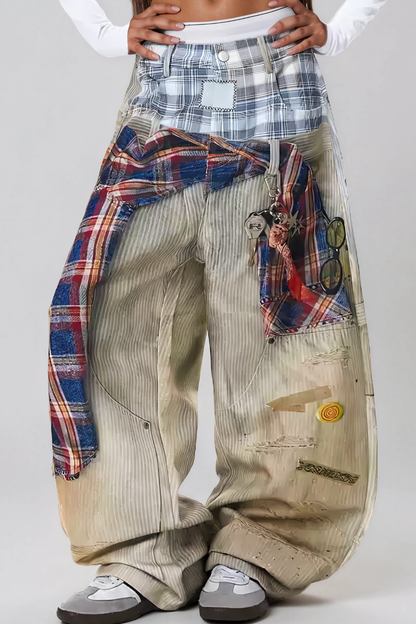 Karlaye Grid Desenli Dekonstrükt Baggy Jean Pantolon
