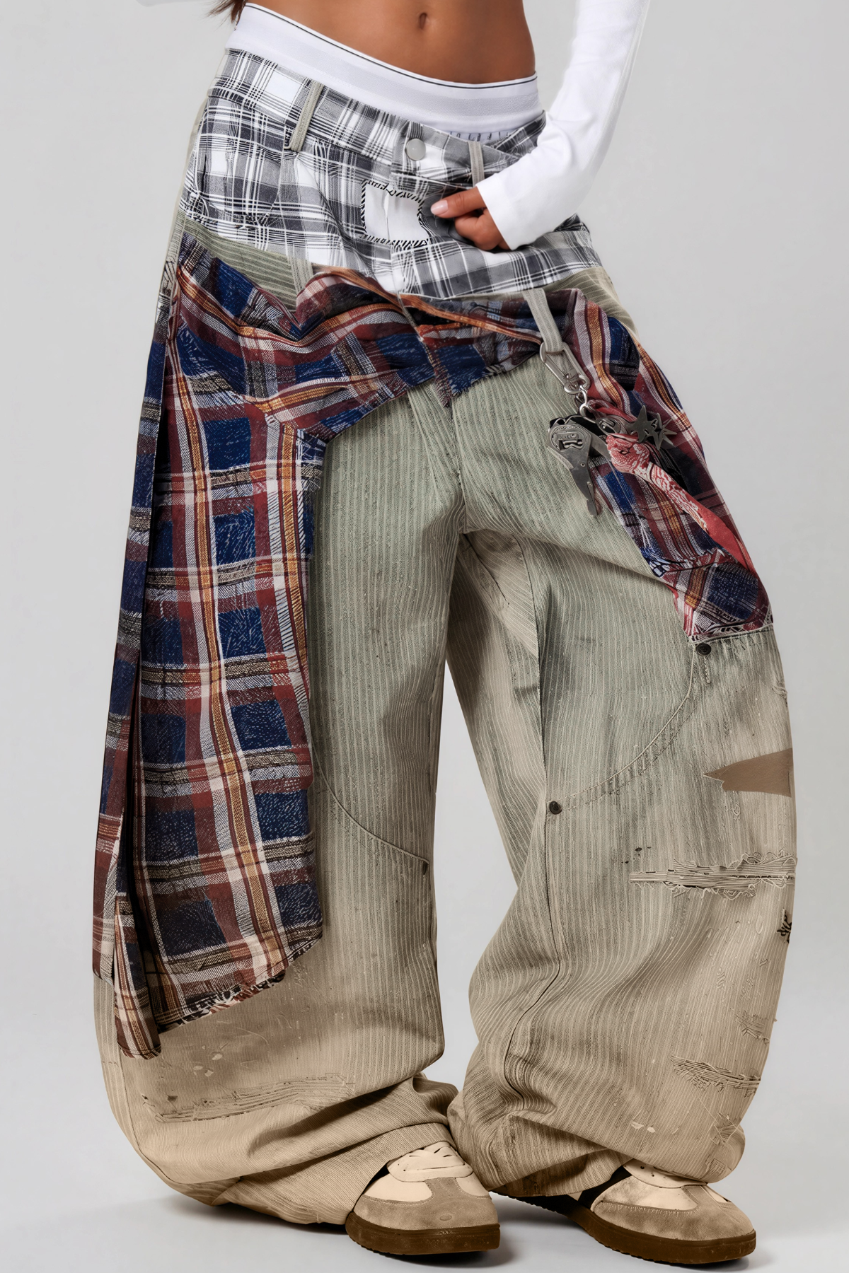 Karlaye Grid Desenli Dekonstrükt Baggy Jean Pantolon