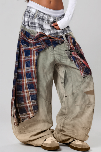 Karlaye Grid Desenli Dekonstrükt Baggy Jean Pantolon