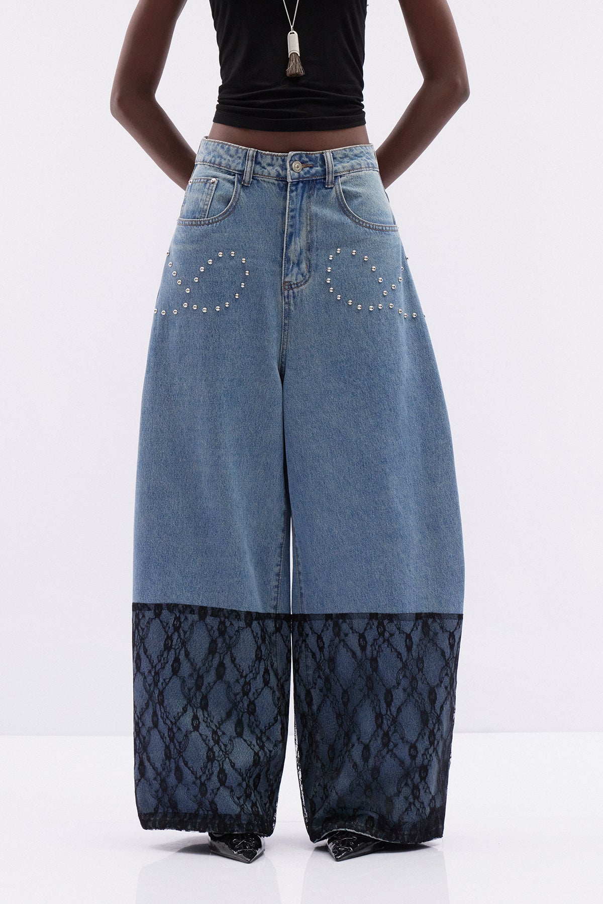 Kathleen İnci Dantel Detaylı Baggy Jean Pantolon