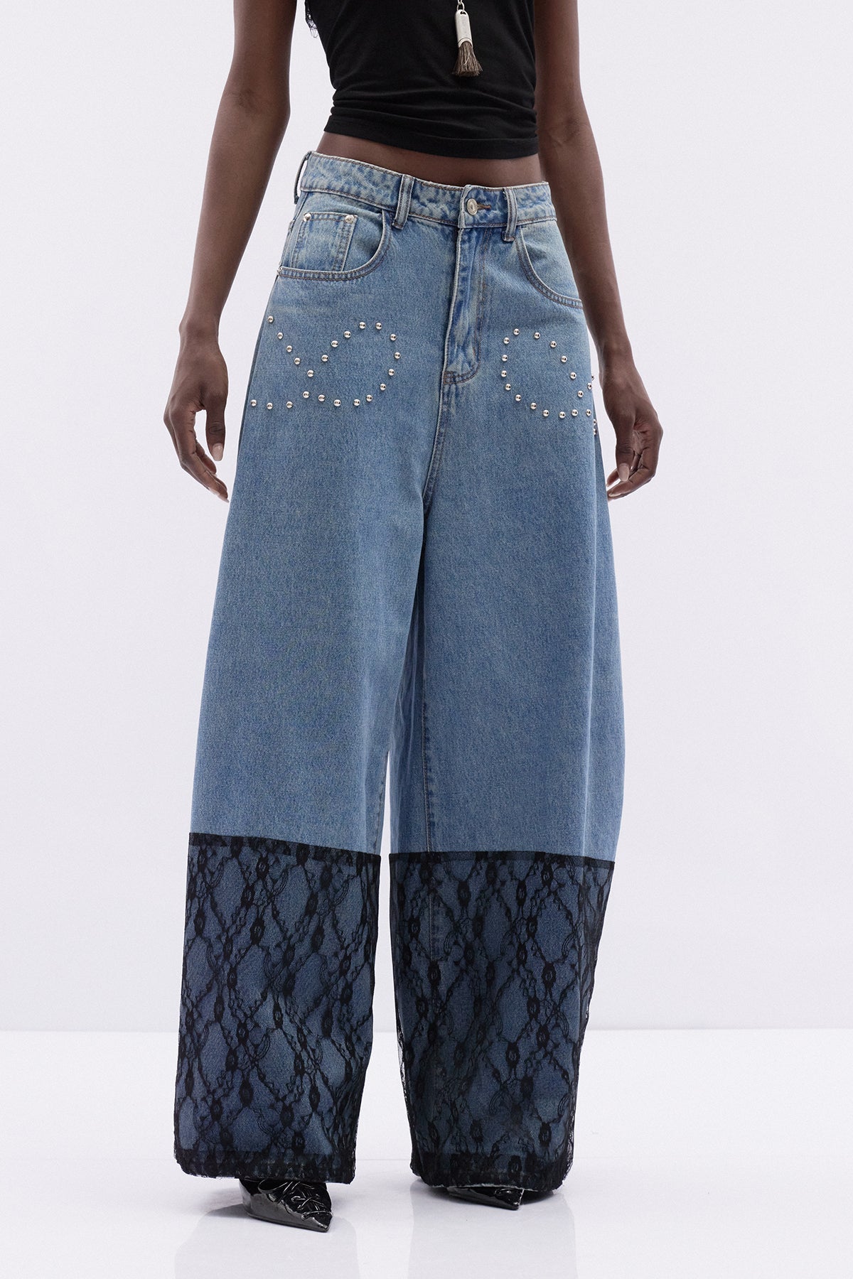 Kathleen İnci Dantel Detaylı Baggy Jean Pantolon