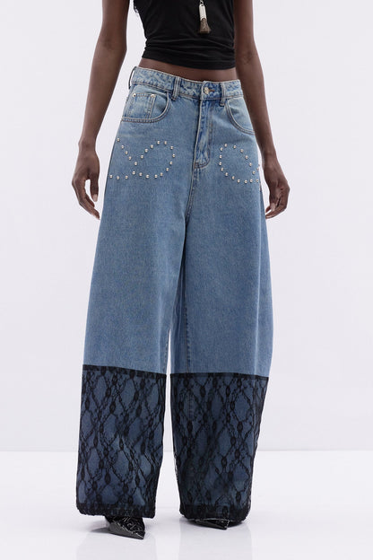 Kathleen İnci Dantel Detaylı Baggy Jean Pantolon