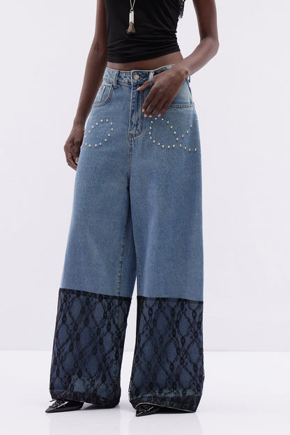 Kathleen İnci Dantel Detaylı Baggy Jean Pantolon