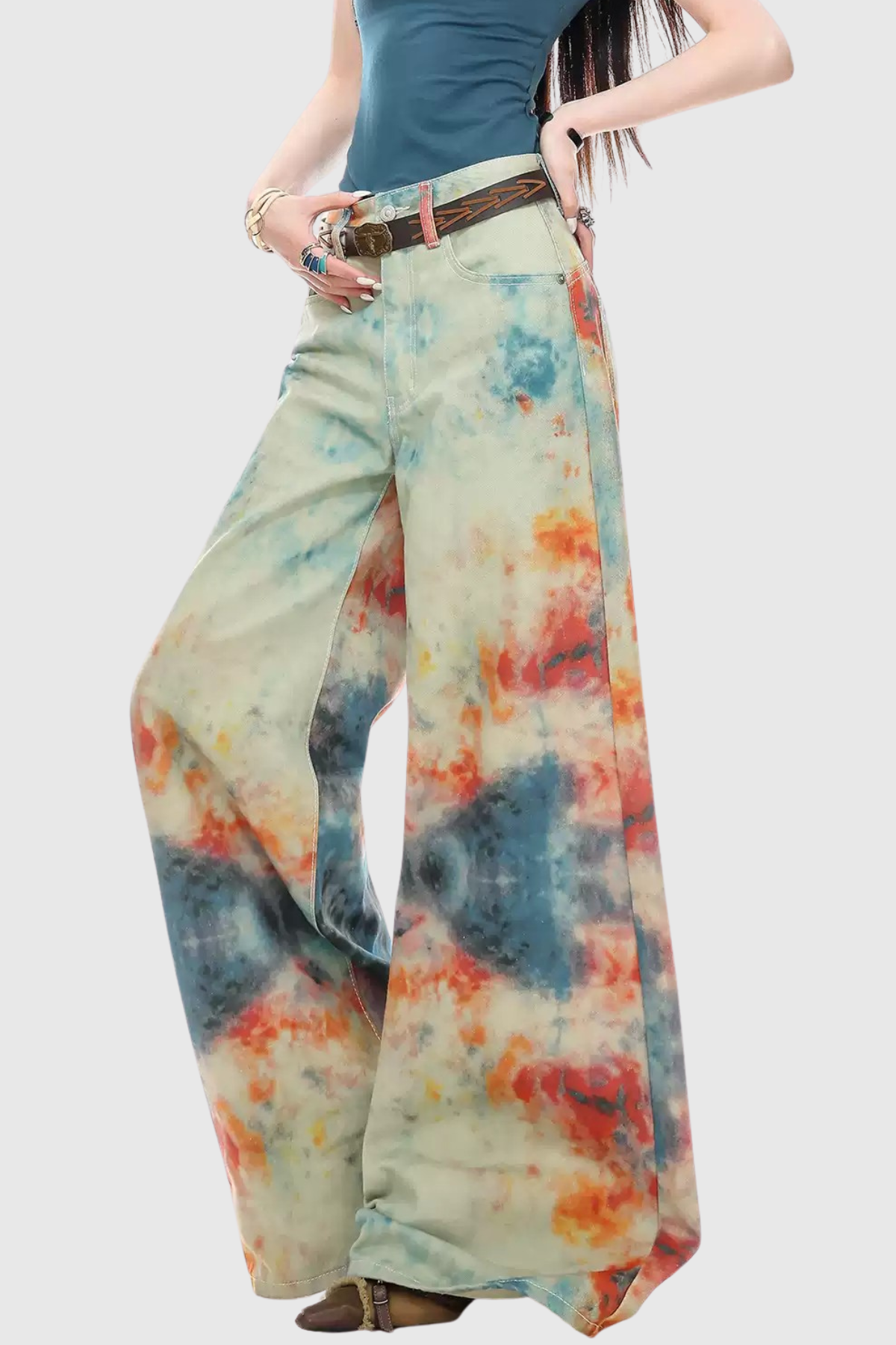Kaybella Batik Desenli Barrel Jean Pantolon