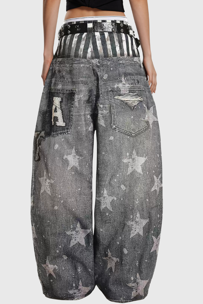 Kees Dekonstrüksiyon Yıldız Desenli Baggy Jean Pantolon