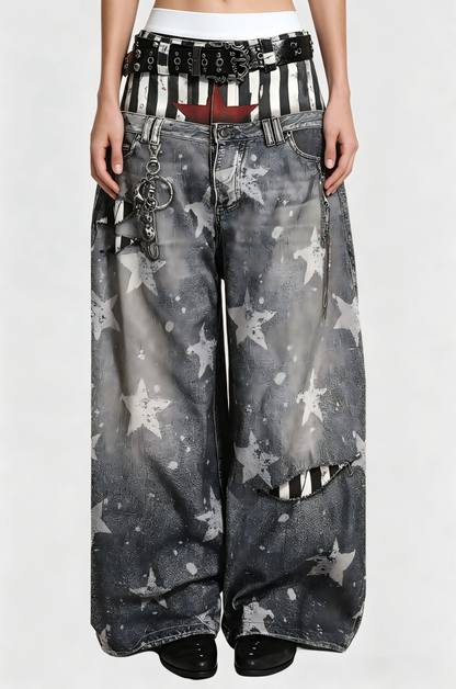 Kees Dekonstrüksiyon Yıldız Desenli Baggy Jean Pantolon