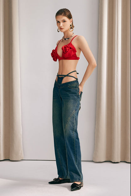 Keyla Bağcık Detaylı Düşük Bel Jean Pantolon