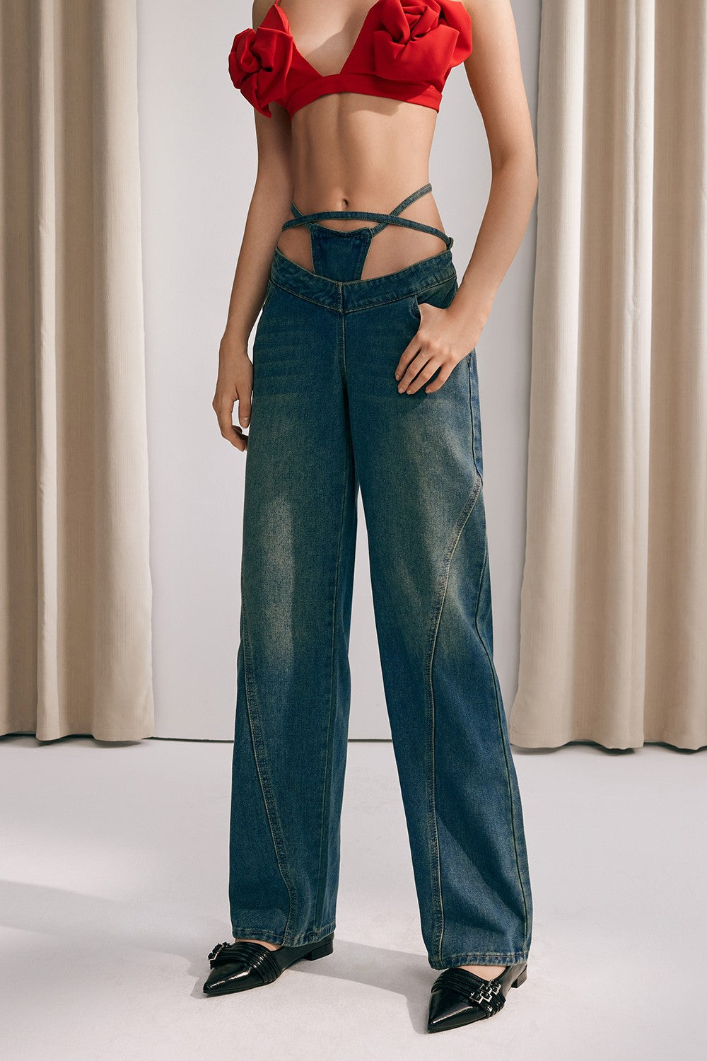 Keyla Bağcık Detaylı Düşük Bel Jean Pantolon