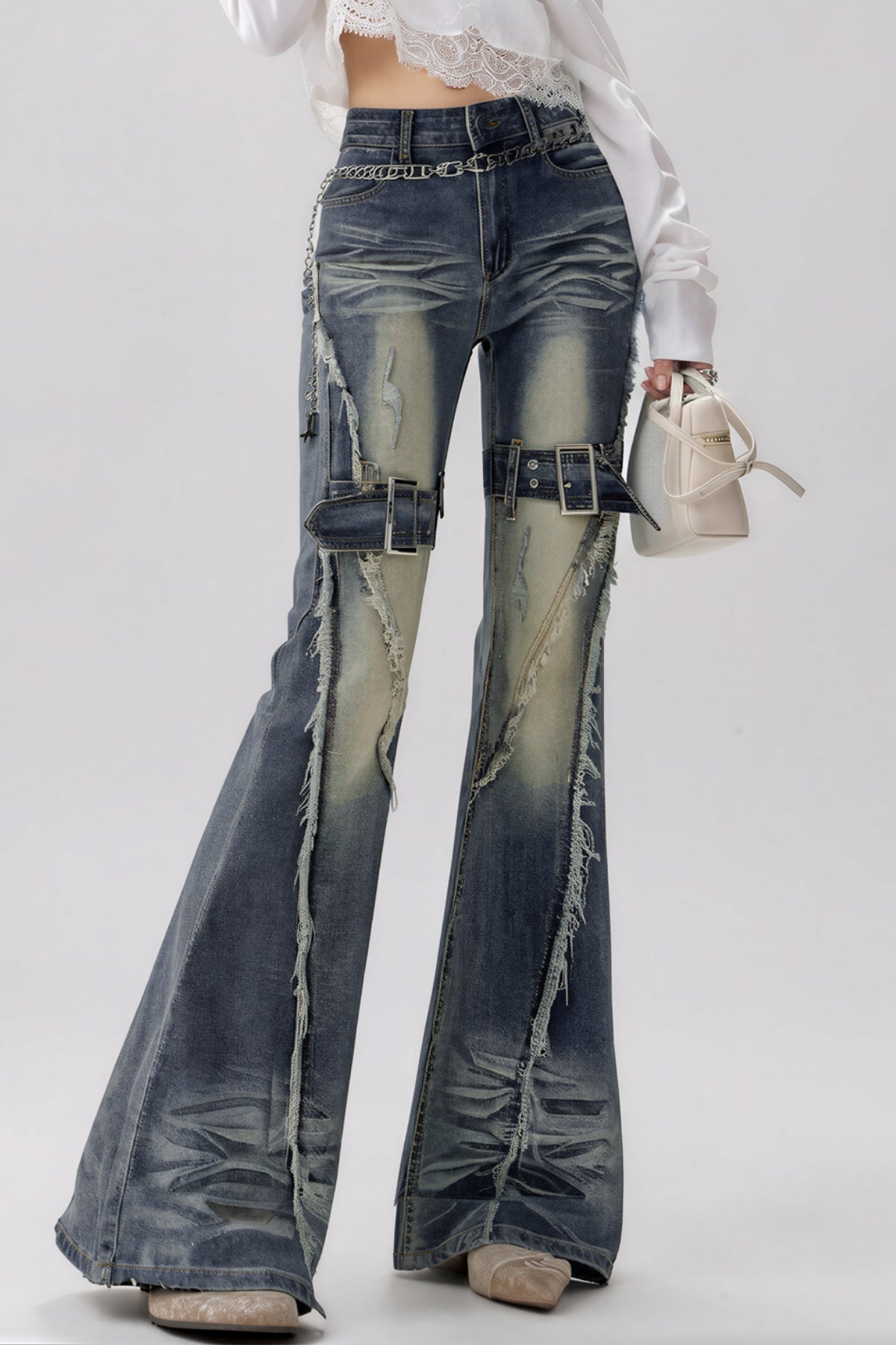 Kish Ağartılmış Püsküllü Bootcut Jean Pantolon
