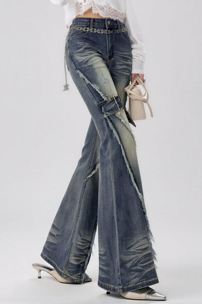 Kish Ağartılmış Püsküllü Bootcut Jean Pantolon