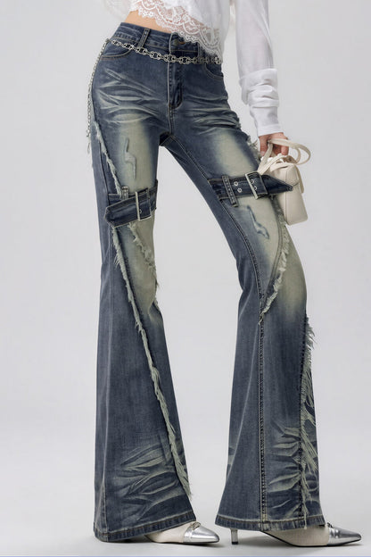 Kish Ağartılmış Püsküllü Bootcut Jean Pantolon