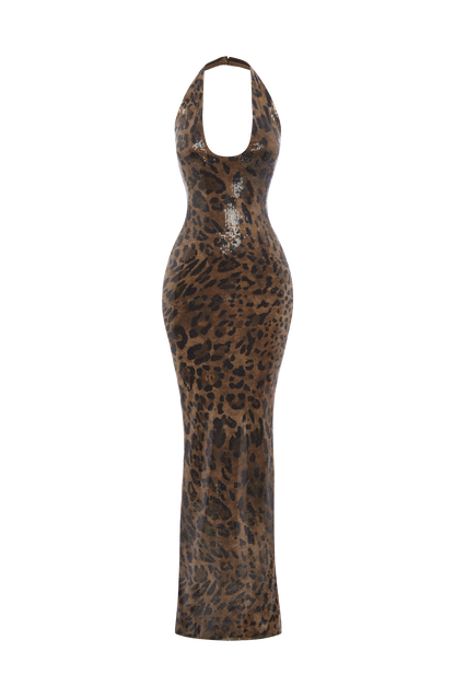 Morena Maxi Elbise - Payetli Leopar Deseni