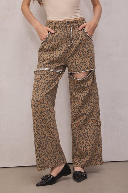 Roselyn Leopar ve Yapay Elmas Detaylı Jean Pantolon