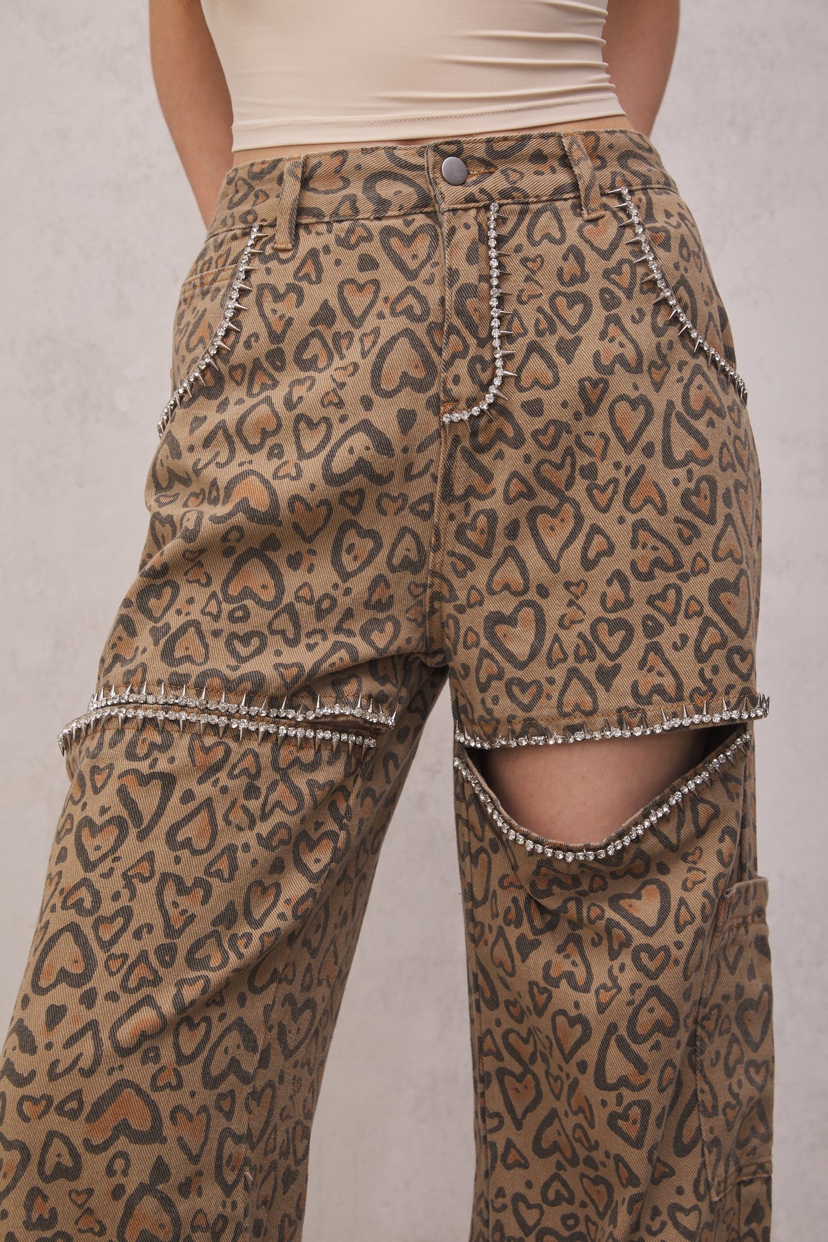 Roselyn Leopar ve Yapay Elmas Detaylı Jean Pantolon