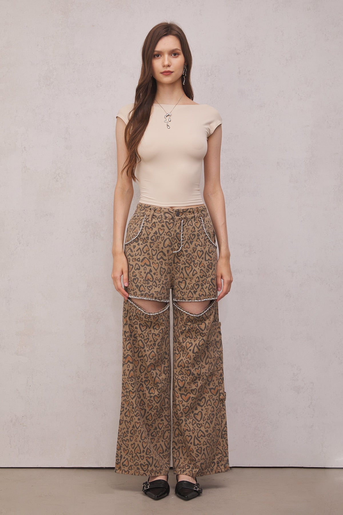 Roselyn Leopar ve Yapay Elmas Detaylı Jean Pantolon