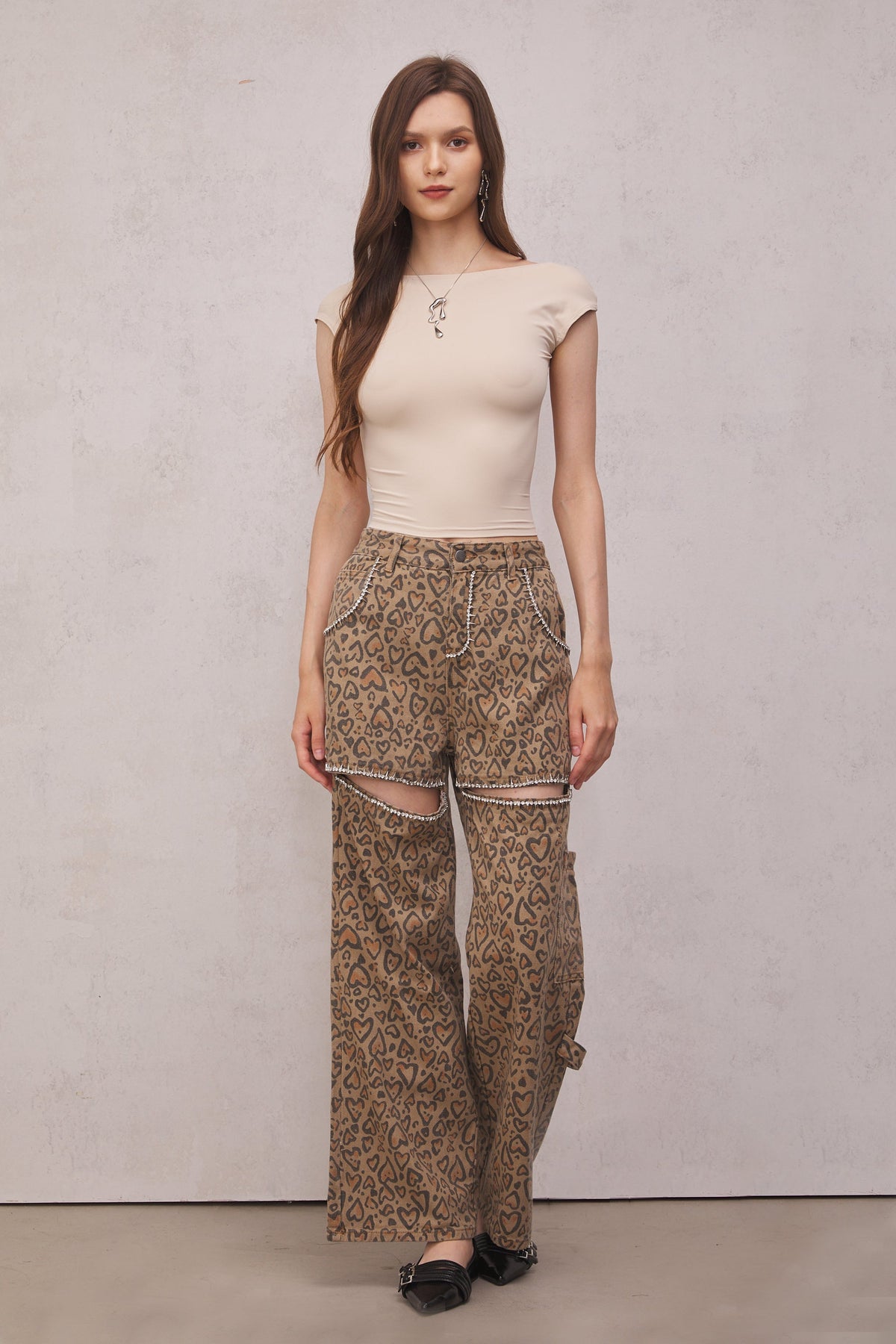 Roselyn Leopar ve Yapay Elmas Detaylı Jean Pantolon