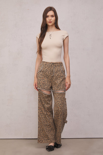 Roselyn Leopar ve Yapay Elmas Detaylı Jean Pantolon