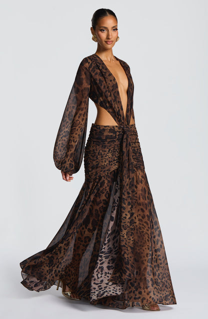 Andrina Maxi Elbise - Leopar Desenli