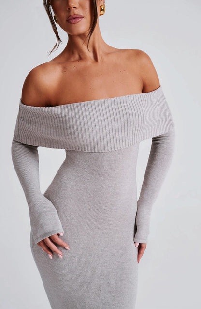 Beverley Triko Maxi Elbise - Açık Gri Melanj