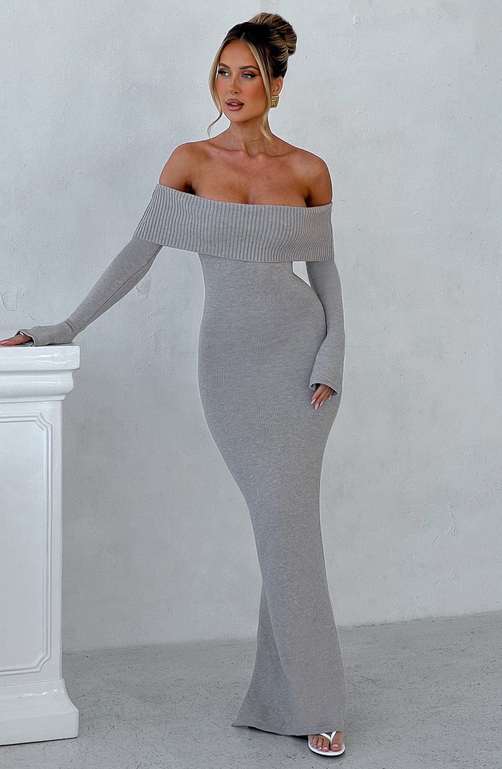 Beverley Triko Maxi Elbise - Açık Gri Melanj