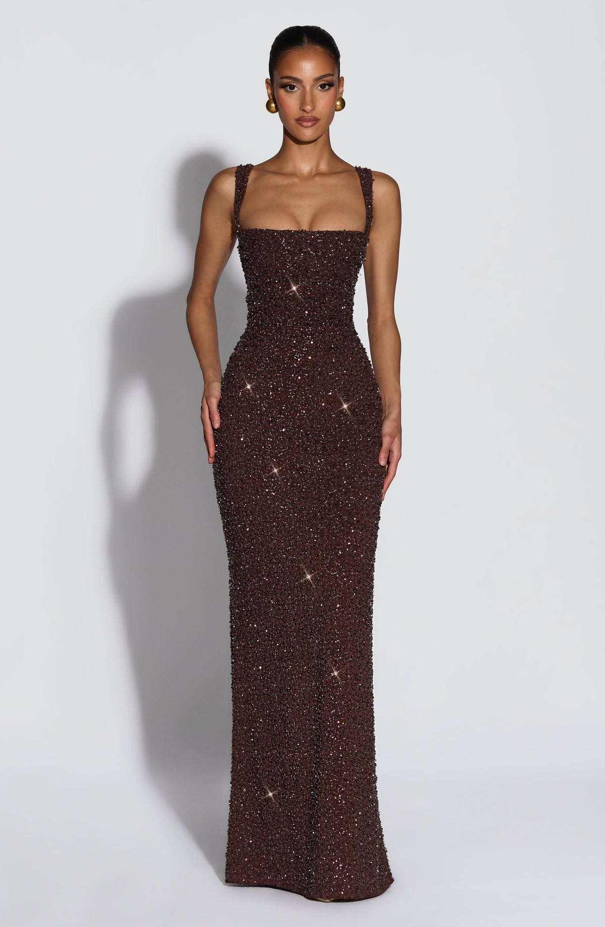 Calanthe Maxi Elbise - Işıltılı Mürdüm Kahve