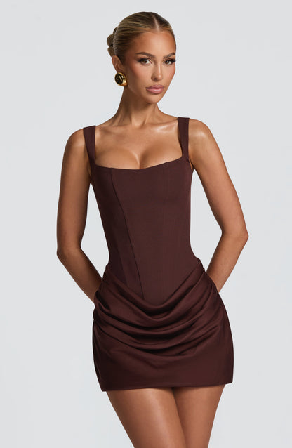 Cornelia Mini Elbise - Mürdüm Kahve