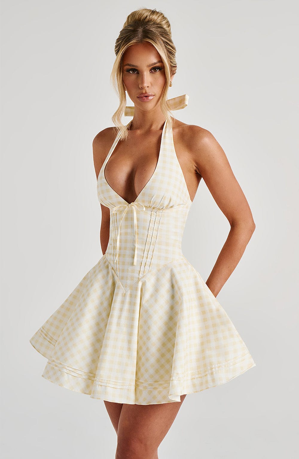 Doris Mini Elbise - Limon Sarısı Pötikare