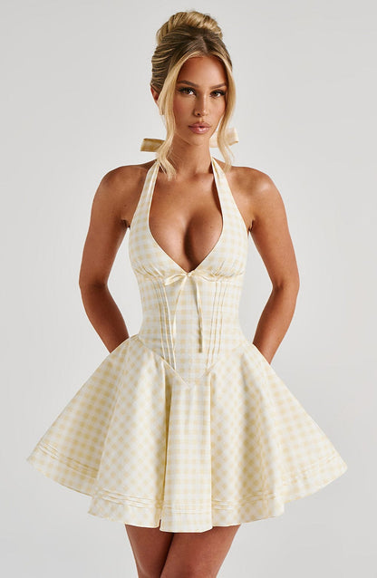 Doris Mini Elbise - Limon Sarısı Pötikare