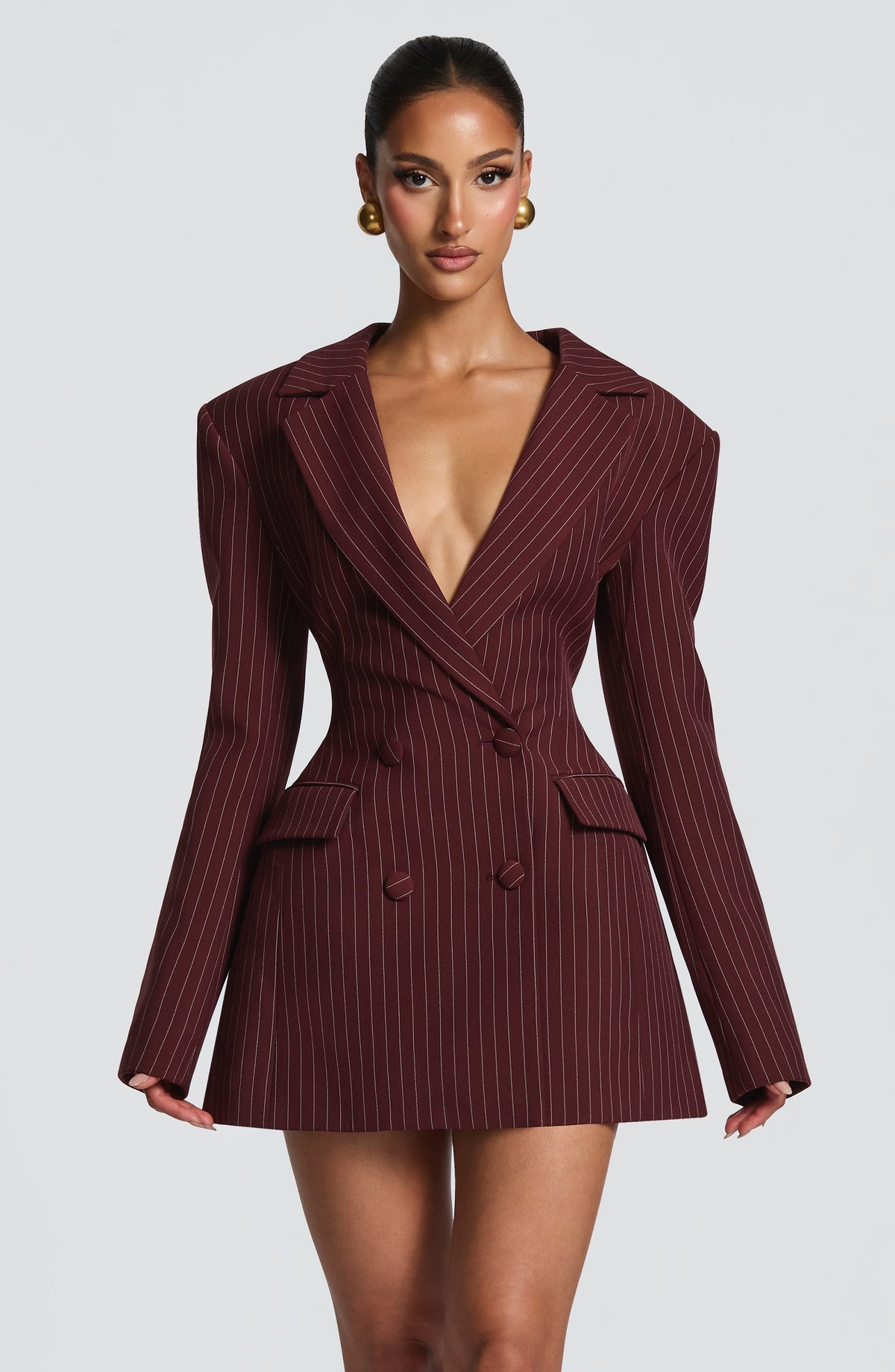 Elvira Mini Elbise - Bordo İnce Çizgili