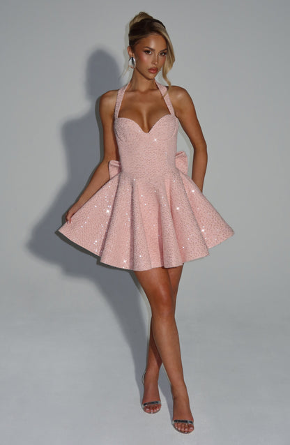 Georgette Mini Elbise - Pudra