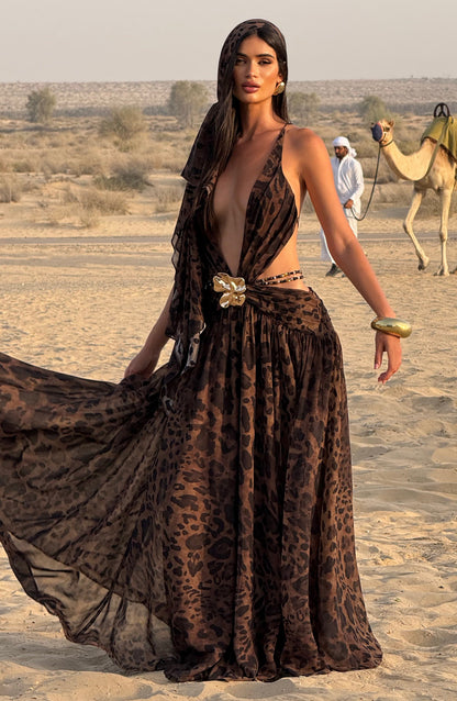 Indianna Maxi Elbise - Leopar Desenli