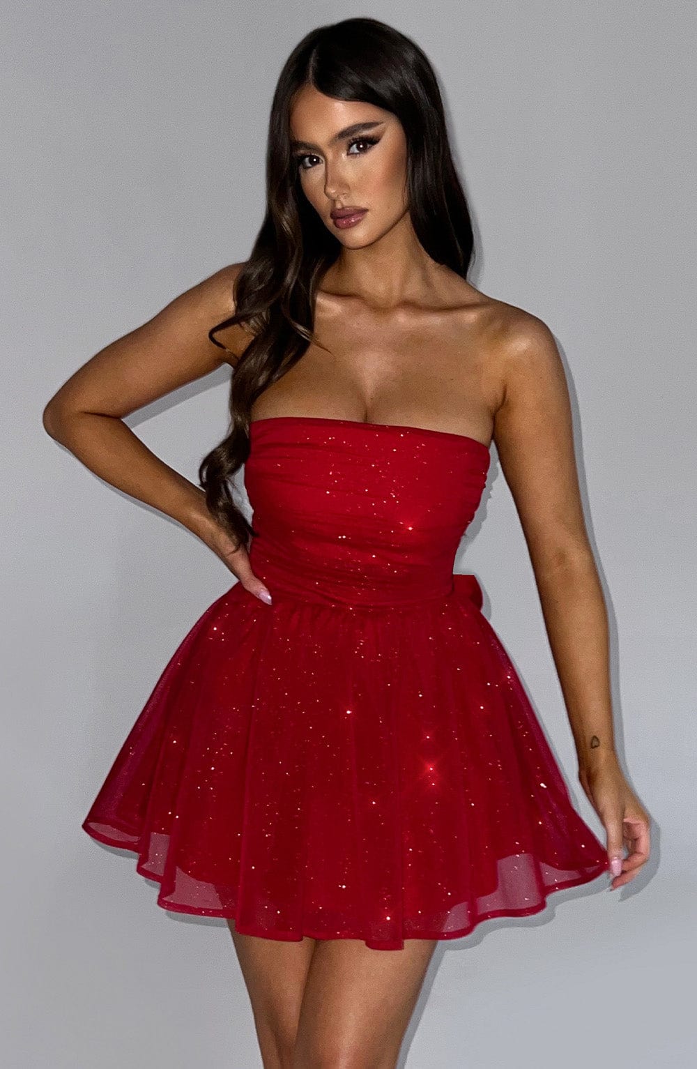 Katrina Mini Elbise - Işıltılı Kırmızı