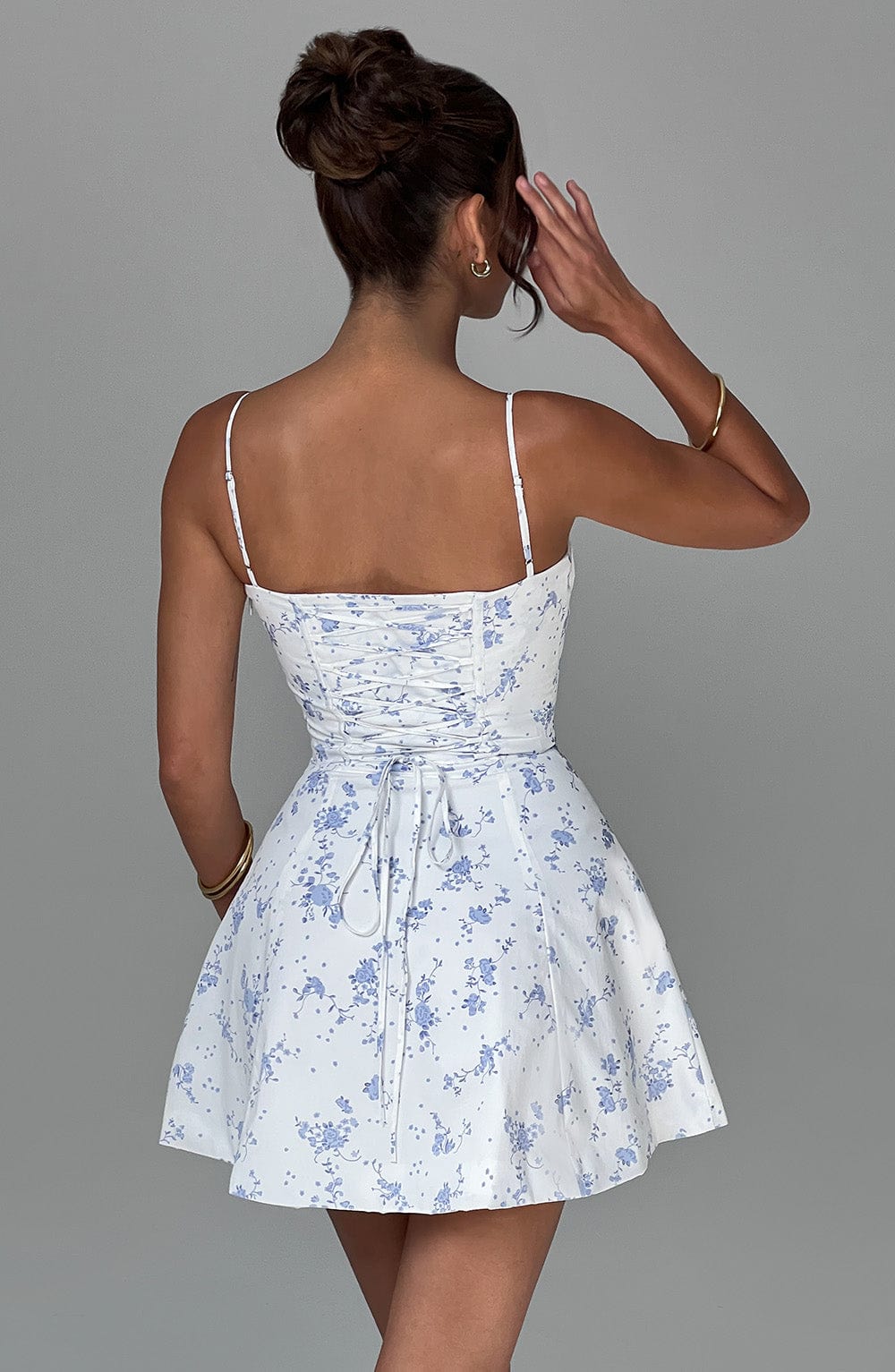 Lacey Mini Elbise - Mavi Minik Çiçek Deseni