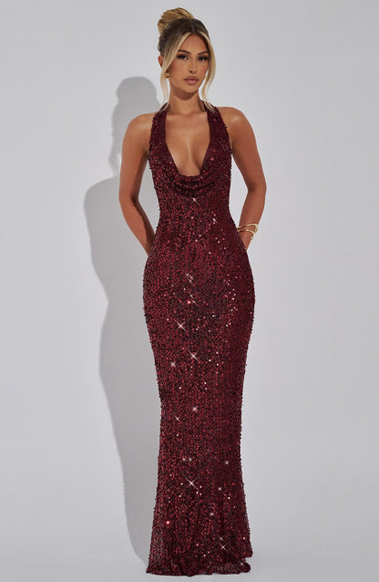 Lorena Maxi Elbise - Şarap Astarlı